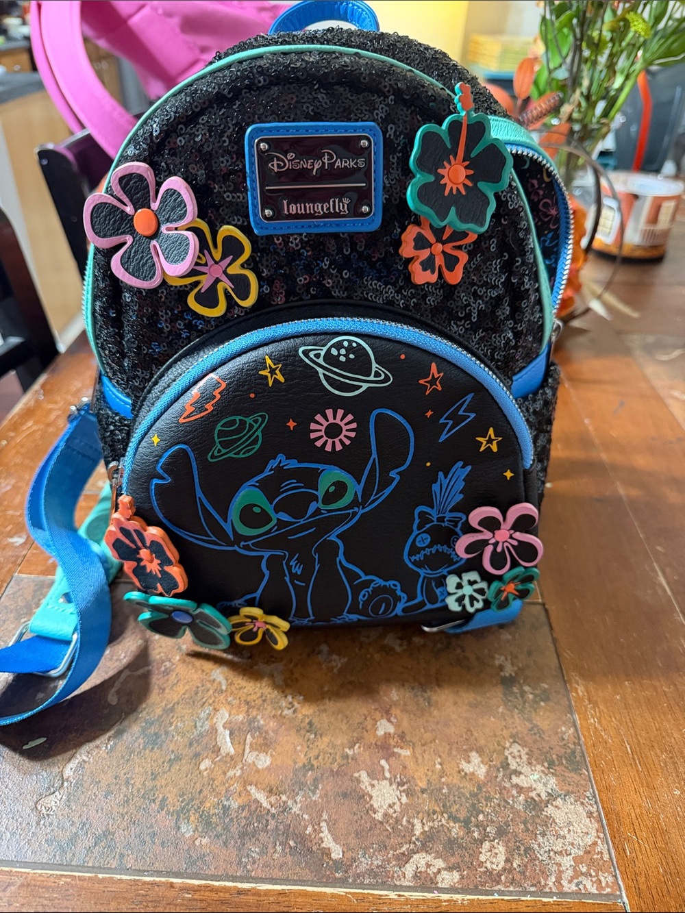 Disney Parks LoungeflyBlack Sequin Stitch Mini Backpack with Neon Floral Accents